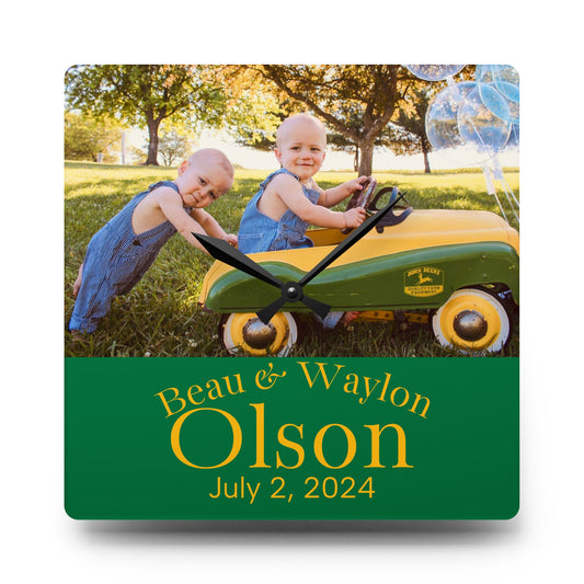 Olson Personalized Photo Acrylic Wall Clock — Custom Name & Date Nursery Clock